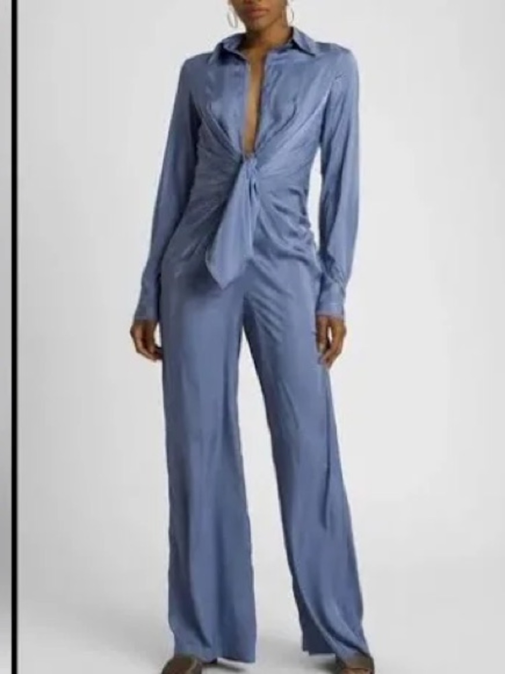 Long-Sleeve Twist-Front Satin Jumpsuit in Steel Blue